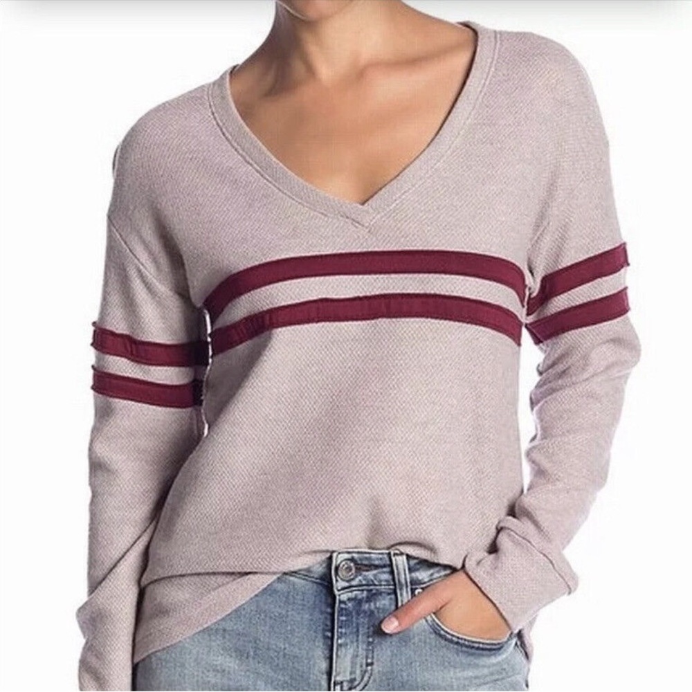 Socialite Nordstrom Striped Women’s Varsity Scoop Neck Sweater in Mauve/Maroon